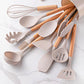 12-Piece Silicone Spatula Set with Wooden Handles and Storage Bucket